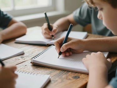 Close-up of children's hands writing in notebooks on a rustic wooden desk, soft natural daylight from a side window.