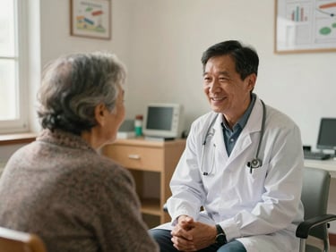 A local doctor speaking warmly with an elderly patient in a clean, sunlit community clinic, authentic documentary style.