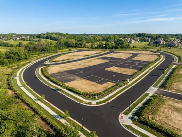 Crisp architectural photography of a marked residential plot with freshly laid asphalt roads and green borders under clear skies.