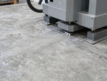Close-up of industrial diamond-grinding machinery prepping a concrete floor, bright crisp overhead lighting, dust extraction hose visible, slate gray tones