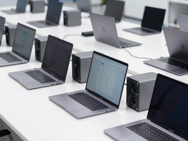 Structured grid arrangement of modern enterprise laptops and computer peripherals, bright neutral lighting, cool slate tones