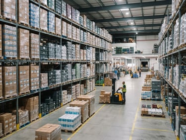 Wide-angle commercial photograph of organized warehouse logistics, neatly stacked wholesale pallets under bright neutral lighting, cool slate tones, 35mm.