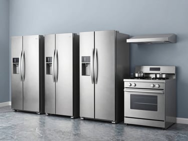 Clean product-line arrangement of modern stainless steel refrigerators and cookers, high-contrast commercial studio lighting