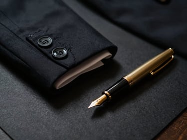 Extreme close-up of a bespoke tailored suit sleeve and a gold fountain pen resting on heavy black paper stock, dramatic low-key side lighting, deep shadows