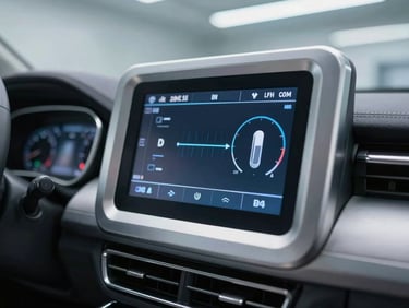 Cinematic macro shot of a high-end diagnostic interface screen inside a clean, modern automotive bay with metallic silver instruments in soft focus, cool lighting