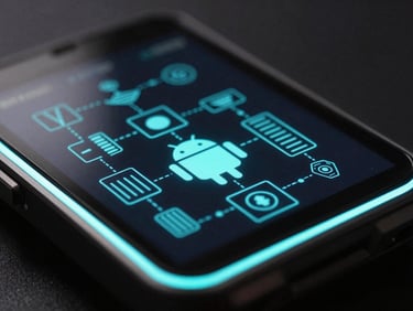 Macro close-up of a rugged industrial Android device screen displaying a glowing cyan system architecture diagram, dark studio lighting with sharp cyan rim light, 35mm