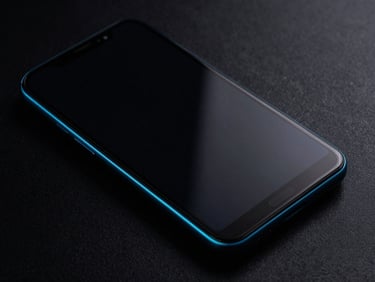 Macro shot of physical Android flagship device screen showing ultra-smooth 120Hz rendering, dramatic low-key studio lighting, deep blacks with sharp electric-cyan rim-light, 35mm