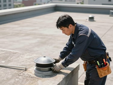 Environmental shot of a facility maintenance worker inspecting a rooftop drainage outlet in natural daylight, flat roof surface and parapet visible, tools on belt