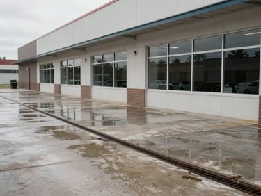 Wide shot of a clean commercial building exterior with freshly jet-washed paving and clear drainage channels, even overcast daylight, no people