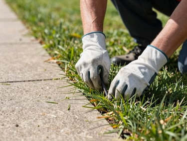 Close-up of a groundskeeper's gloved hands trimming a neat grass edge along a concrete path in bright midday daylight, fresh-cut clippings visible