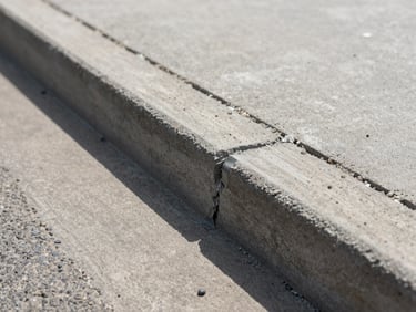 Close-up of a repaired concrete kerb edge with fresh sealant applied, surrounding pavement clean and dry in midday light, detail work clearly visible