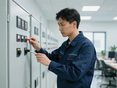Skilled maintenance technician in a clean uniform inspecting a control panel in a commercial building's utility room, focused, clean industrial setting, 35mm, professional corporate photography, deep blue and teal tones, sharp focus.