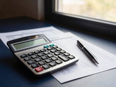 A professional desk setup with a calculator, payroll documents, and a pen resting on a clean surface, warm lighting