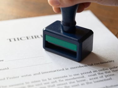 A close-up of an official notary stamp being pressed onto a legal contract, warm side lighting