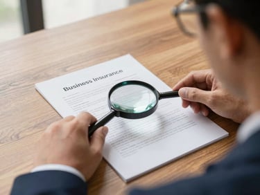 A professional reviewing business insurance policy documents with a magnifying glass on a wooden table
