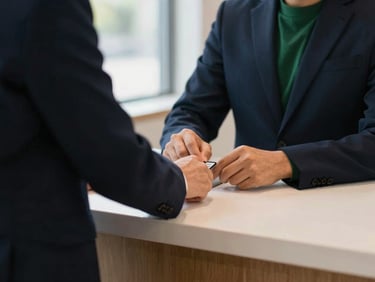 A person safely completing a secure financial transaction at a clean counter, warm environmental lighting