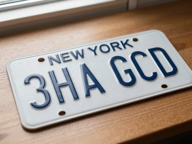 A close-up of a clean, physical New York license plate resting on a wooden desk, soft natural light