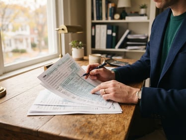 Warm editorial photography of a professional office in Brewster, soft side-lighting from a window, hands reviewing physical tax documents on a wooden desk, 35mm.
