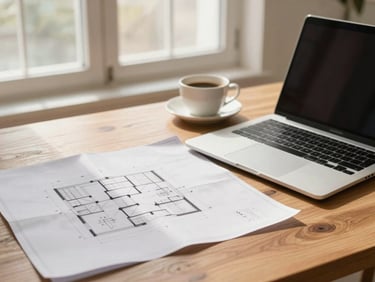 A clean wooden home desk with architectural blueprints, a modern laptop, and a warm coffee cup under soft morning window light