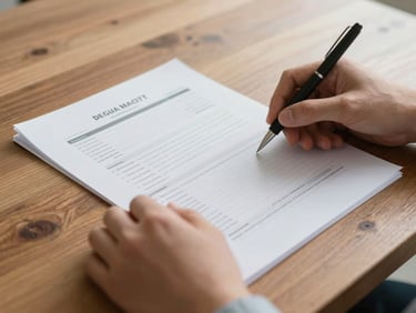 Close-up of hands reviewing financial documents on a heavy oak table, warm natural light, soft focus, editorial style.
