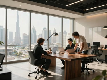 Wide environmental shot of a modern, sleek creative studio in Dubai, warm natural light streaming through floor-to-ceiling windows, professional team collaborating around a dark oak table.