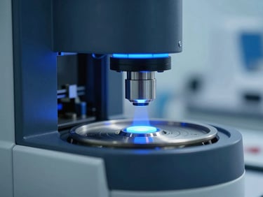 Precision chemical vapor deposition synthesis equipment in a cleanroom, cool laboratory lighting with electric blue accents, macro shot, minimal ambient light