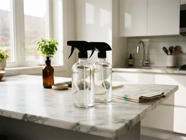 Bright sunlit modern kitchen with pristine marble countertops, natural daylight reflecting off clear glass spray bottles, sharp editorial photography, 35mm
