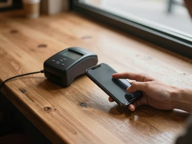 Close overhead shot of a hand tapping a smartphone to a small countertop reader on a worn wooden café bar, warm morning daylight from a nearby window, no clutter, real texture visible on the wood grain