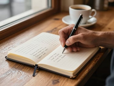 Close shot of a restaurant owner's hand writing a customer name in a worn logbook on a wooden counter, warm daylight from a north-facing window, pen resting mid-stroke, coffee cup in soft background blur