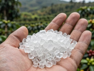 Macro shot of high-purity volcanic zeolite granules in a farmer's hand over a lush Costa Rican coffee plantation background, bright natural daylight.