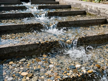 Clear water flowing through a multi-layered filtration system, focusing on the clean gravel-like mineral media, bright daylight.