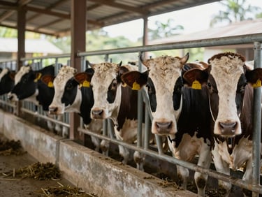 Healthy dairy cows in a clean, well-ventilated barn in Costa Rica, bright natural morning light, focusing on animal comfort.