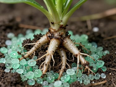 Close-up of healthy plant roots gripping soil mixed with light green zeolite granules, moisture droplets visible, natural field lighting.