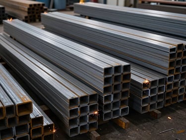 Industrial warehouse interior, neatly stacked bundles of raw steel profiles, heavy-duty metal bars, cold lighting, sharp focus