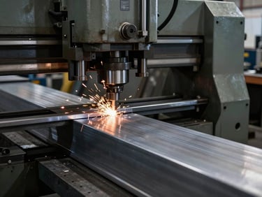 Heavy press brake machine bending a thick sheet of steel, precise angle, industrial workshop setting, high-contrast lighting