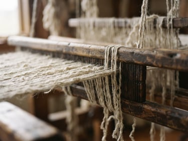 Macro close-up of raw New Zealand wool fibers being tensioned on a traditional timber loom, soft diffused side-light, architectural 35mm.