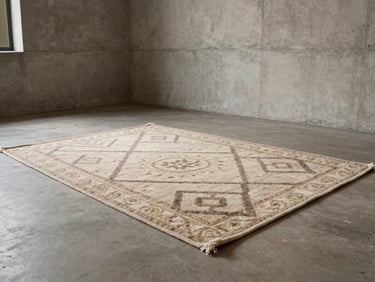 Architectural wide shot of a hand-tufted geometric rug in a minimalist concrete gallery space, soft natural light.