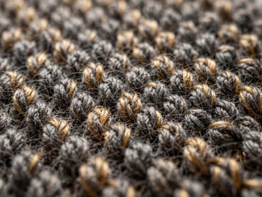 Extreme close-up of dense hand-knotted wool pile, showing individual knots in deep charcoal and warm gold, soft side-lit daylight.
