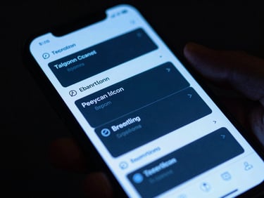 Tight macro shot of a hand holding a smartphone displaying a mobile app interface, with a terminal window reflected on the screen, low-key studio lighting, sharp electric-blue neon reflections