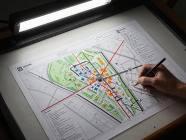 Close overhead shot of a printed zoning site map with survey markers annotated in pencil, on a drafting table under studio strobe light, sharp document detail visible