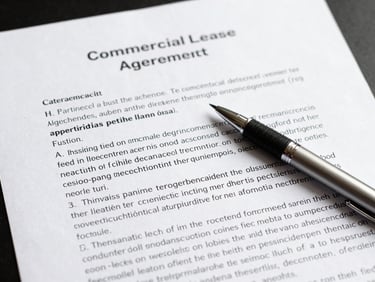 Close-up of a commercial lease agreement document on a flat surface under studio strobe, pen resting beside a clause paragraph, crisp legal text visible in sharp focus