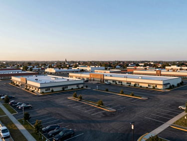 Wide aerial view of a commercial strip development at golden-hour daylight, parking lot geometry visible below, three anchor tenant pads clearly delineated by white striping, no signage legible, open sky occupying upper third of frame, shot from above-left at a low oblique angle