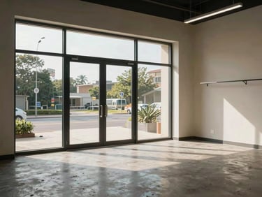 Wide environmental photograph of a finished commercial retail bay interior, natural daylight through large windows, empty and ready for occupancy, shot from the entrance looking in