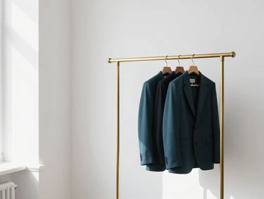 Minimalist editorial photography of a bright modern tailoring atelier, soft natural daylight, clean white walls, a single elegant brass clothing rack with structured blazers, 35mm