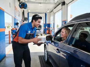 Bright, clean, modern drive-through service bay of Take 5 in Kuna, a smiling technician in a clean uniform talking to a customer through a car window, bright natural daylight, 35mm lens