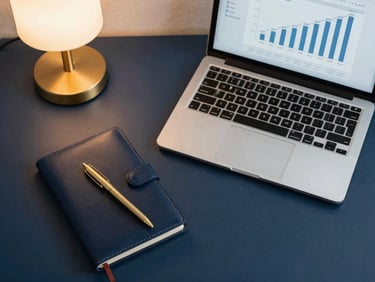 Overhead flatlay of an elegant home office workspace, a sleek laptop showing a digital interface with growth charts, a high-quality leather notebook with a gold pen, soft warm desk lamp lighting, deep navy and gold tones, professional editorial photography.