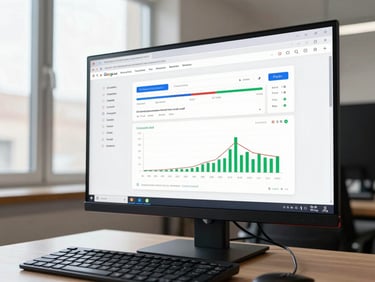 Wide environmental shot of a monitor displaying a Google Ads campaign dashboard with performance metrics and graphs, bright office natural window light from the left, keyboard and mouse visible in foreground, clinical and sharp