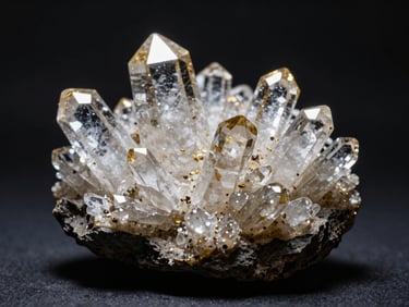 Eye-level specimen portrait of a cluster of clear quartz crystals on a dark rock matrix, dramatic side-lighting, deep shadows