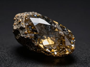 Macro shot of a raw, untreated sapphire crystal, dramatic spotlighting, deep shadows, dark matrix rock, gold reflections