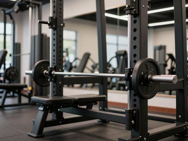 Close-up of modern plate-loaded strength training machines in a clean, organized facility, matte black steel, sharp directional lighting.